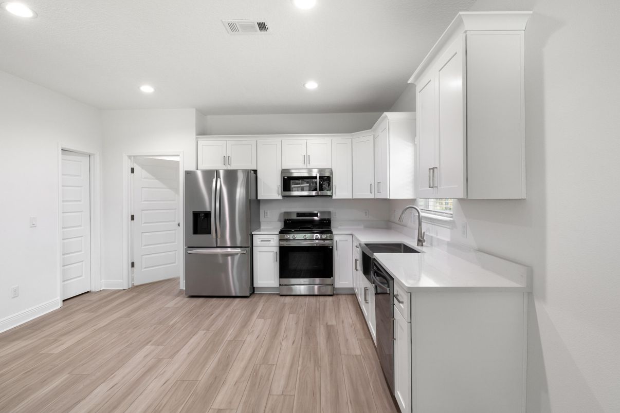 Interior, Kitchen, Recessed Lighting, Stainless Steel Appliances, Wood Texture Flooring