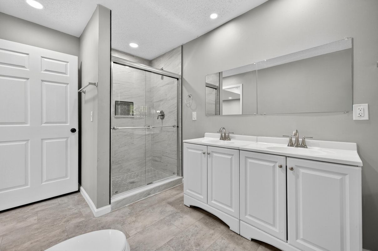 Bathroom, Dual Sink Vanities, Glass Shower, Interior, Recessed Lighting