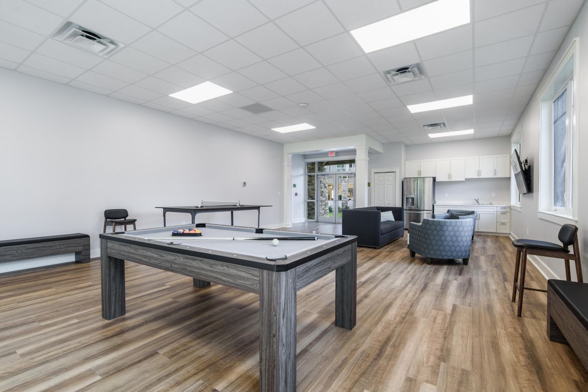 Billiard Table, Game Room, Interior, Kitchen, Living room, Recessed Lighting, Wood Texture Flooring
