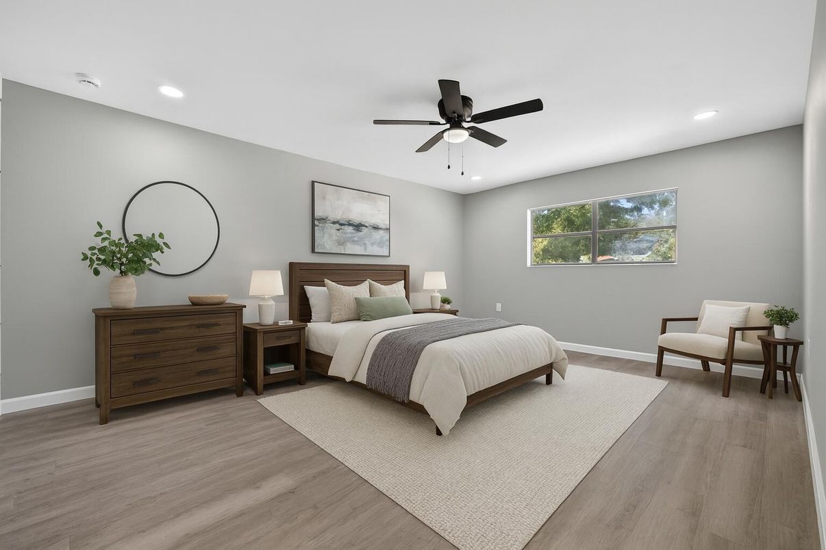 Bedroom, Interior, Recessed Lighting, Wood Texture Flooring