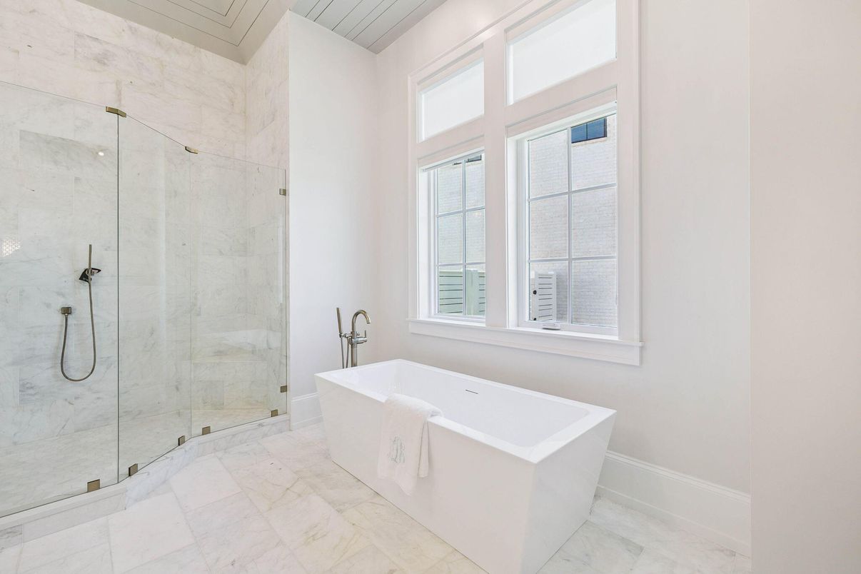 Bathroom, Free Standing Baths, Glass Shower, Interior, Marble, Marble Walls