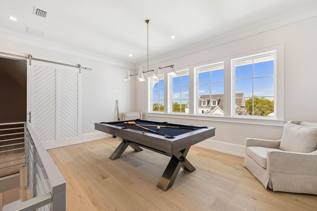 Billiard Table, Game Room, Interior, Pendant Lights, Recessed Lighting, Wood Texture Flooring