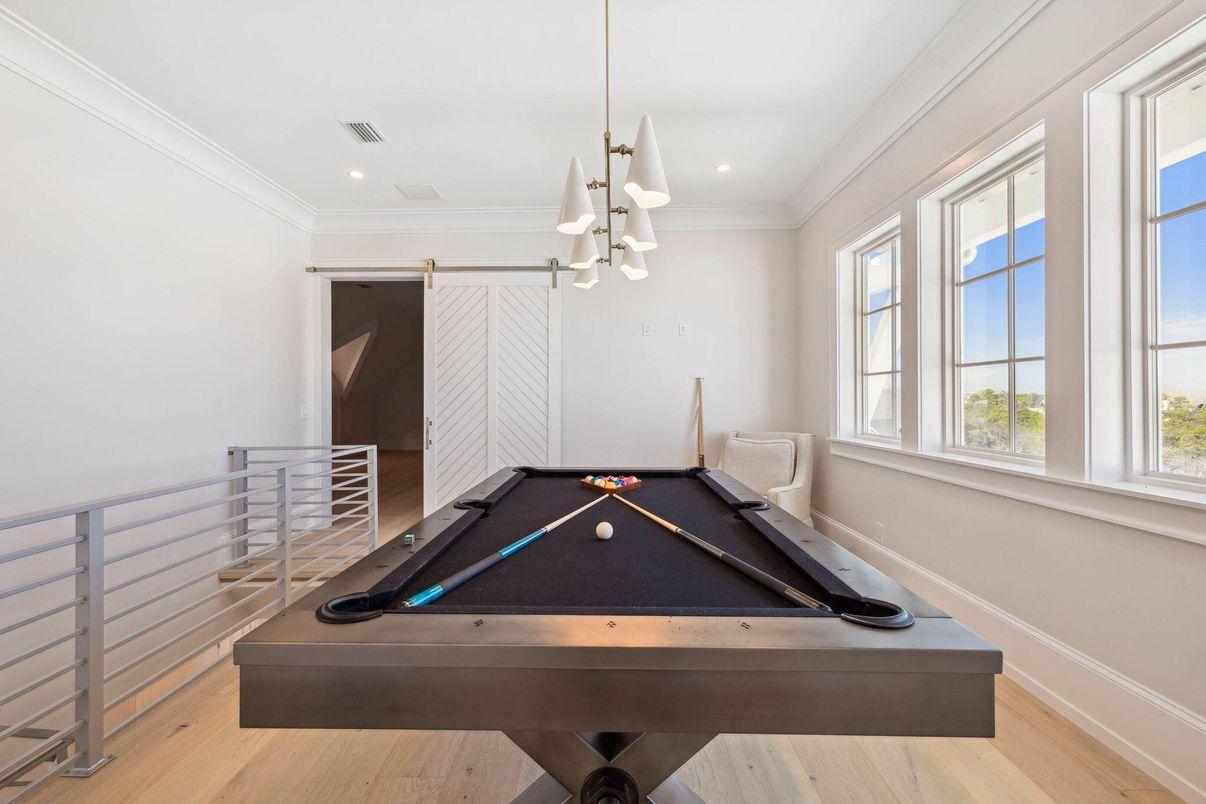 Billiard Table, Game Room, Interior, Pendant Lights, Recessed Lighting, Wood Texture Flooring