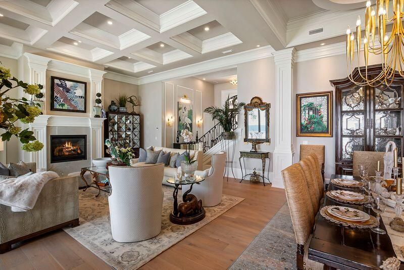 Dining room, Fireplace, Interior, Living room, Recessed Lighting, Wood Texture Flooring