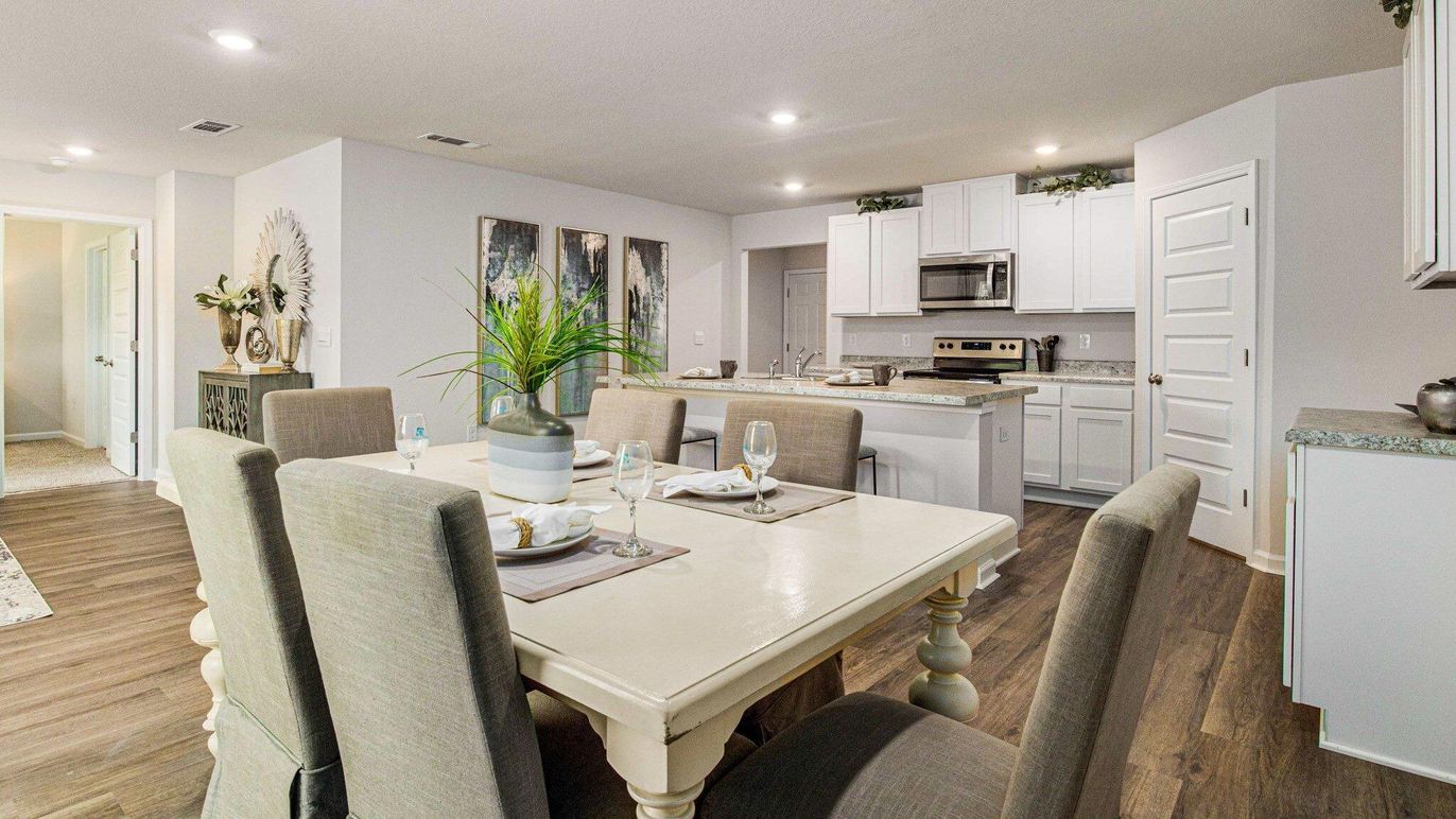 Dining room, Interior, Kitchen, Recessed Lighting, Stainless Steel Appliances, Wood Texture Flooring