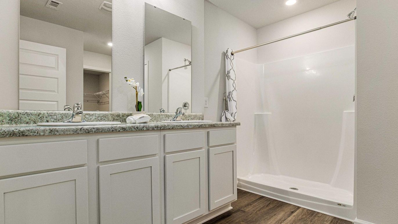 Bathroom, Dual Sink Vanities, Interior, Recessed Lighting, Wood Texture Flooring
