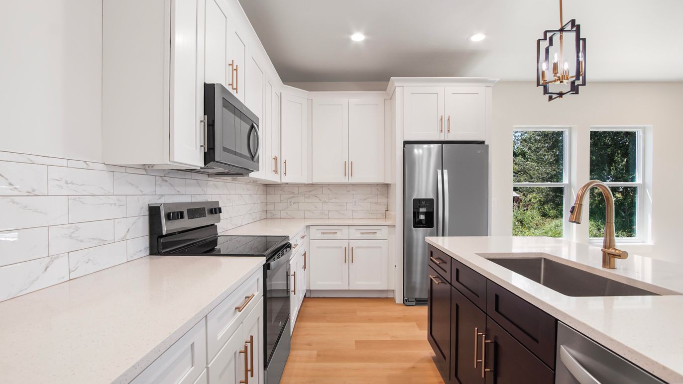 Interior, Kitchen, Marble Walls, Pendant Lights, Recessed Lighting, Stainless Steel Appliances, Wood Texture Flooring