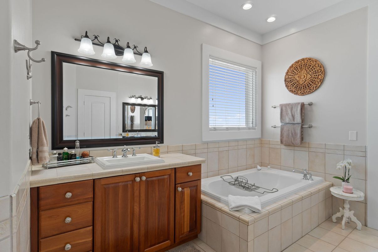Bathroom, Dual Sink Vanities, Interior, Recessed Lighting, Tile Countertops