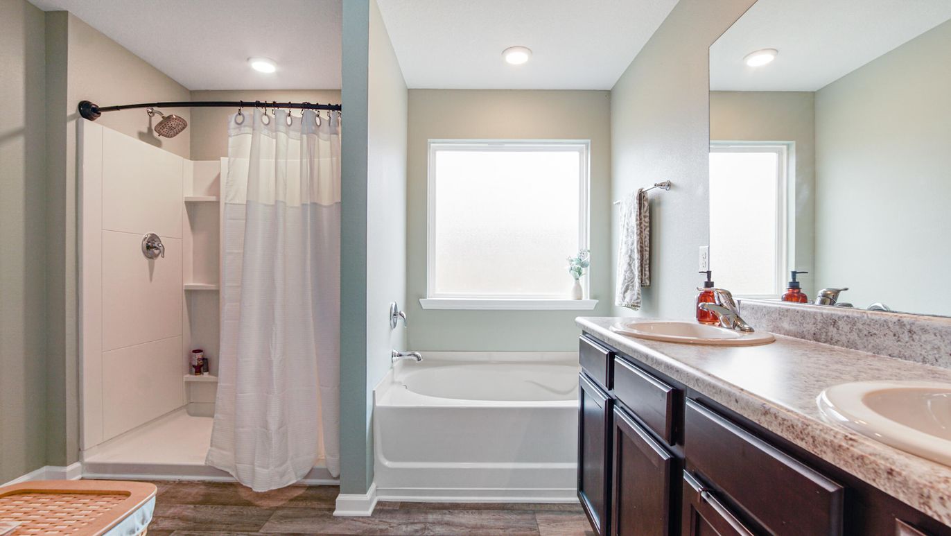 Bathroom, Dual Sink Vanities, Interior, Recessed Lighting, Wood Texture Flooring