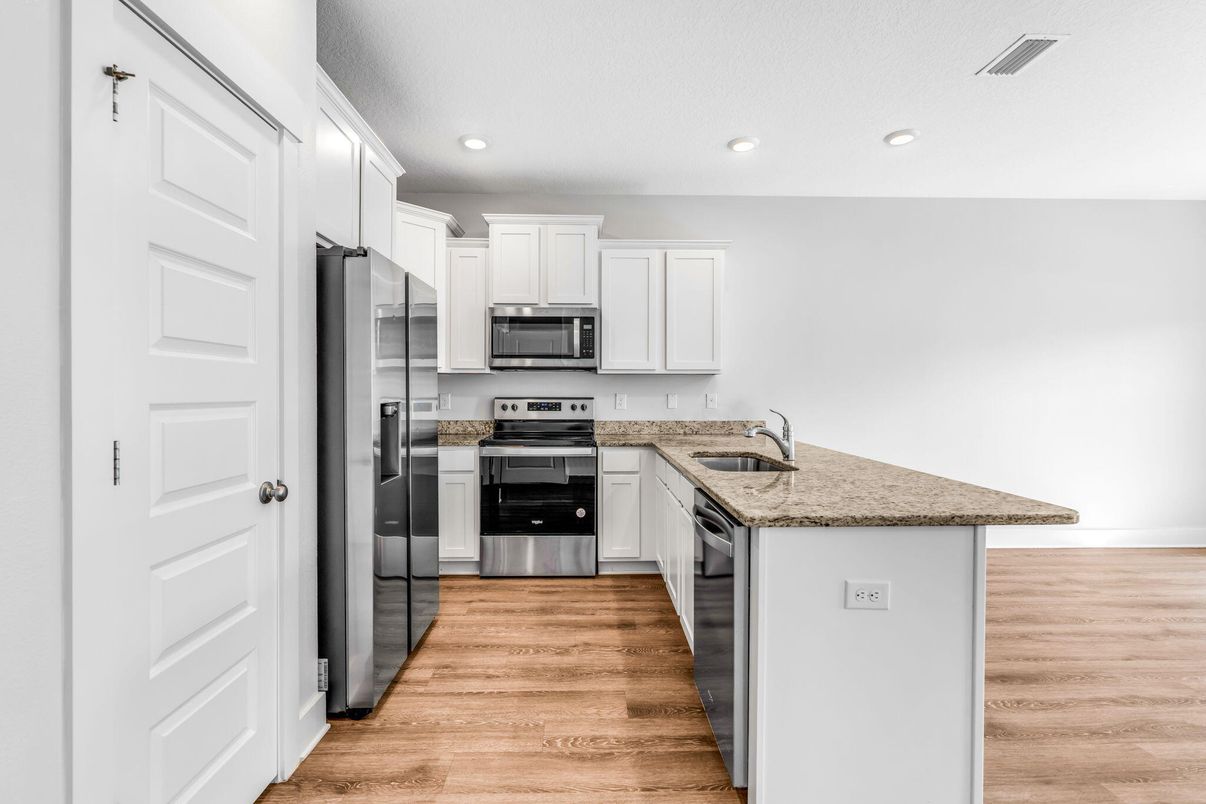 Interior, Kitchen, Recessed Lighting, Stainless Steel Appliances, Wood Texture Flooring