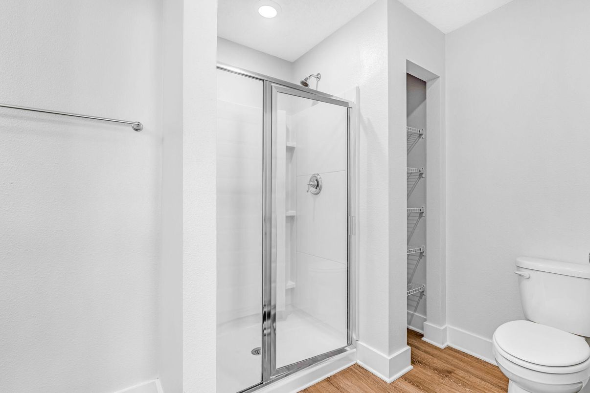 Bathroom, Glass Shower, Interior, Recessed Lighting, Wood Texture Flooring