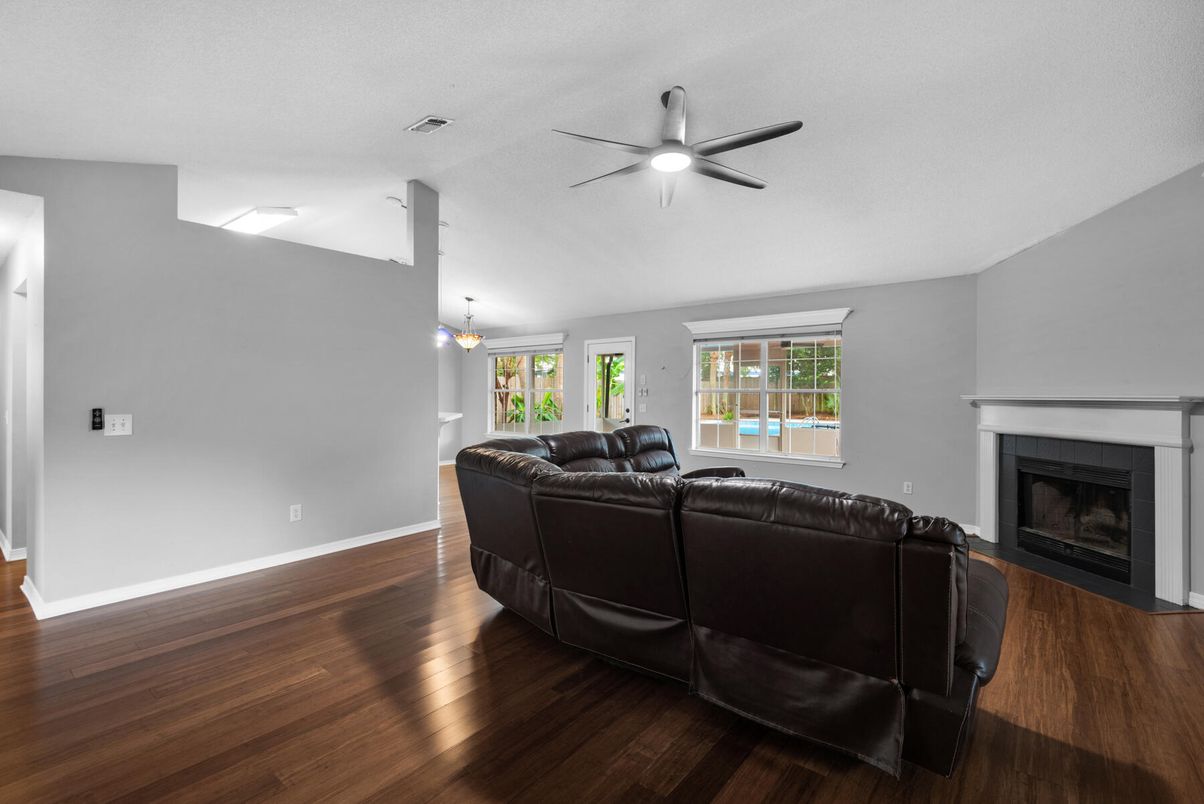 Fireplace, Interior, Living room, Pendant Lights, Wood Texture Flooring