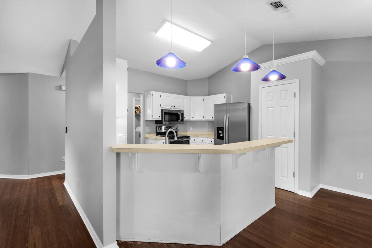 Interior, Kitchen, Pendant Lights, Stainless Steel Appliances, Wood Texture Flooring