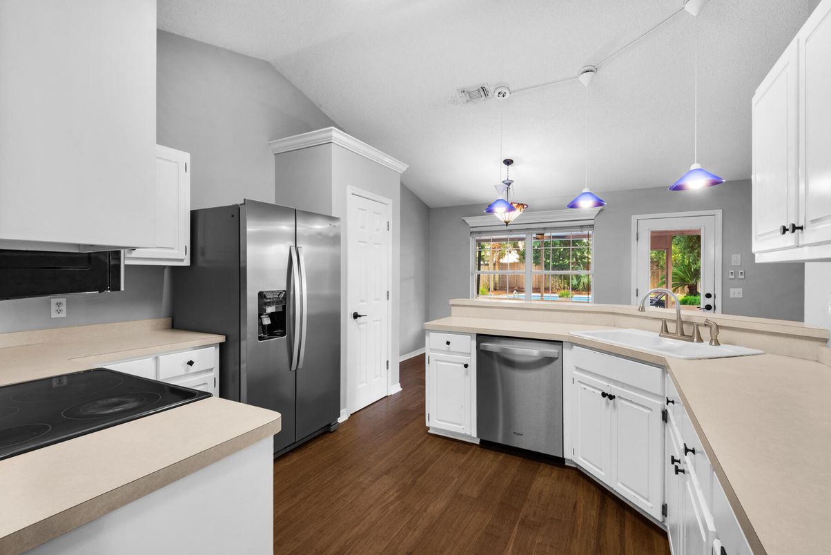 Interior, Kitchen, Pendant Lights, Stainless Steel Appliances, Wood Texture Flooring