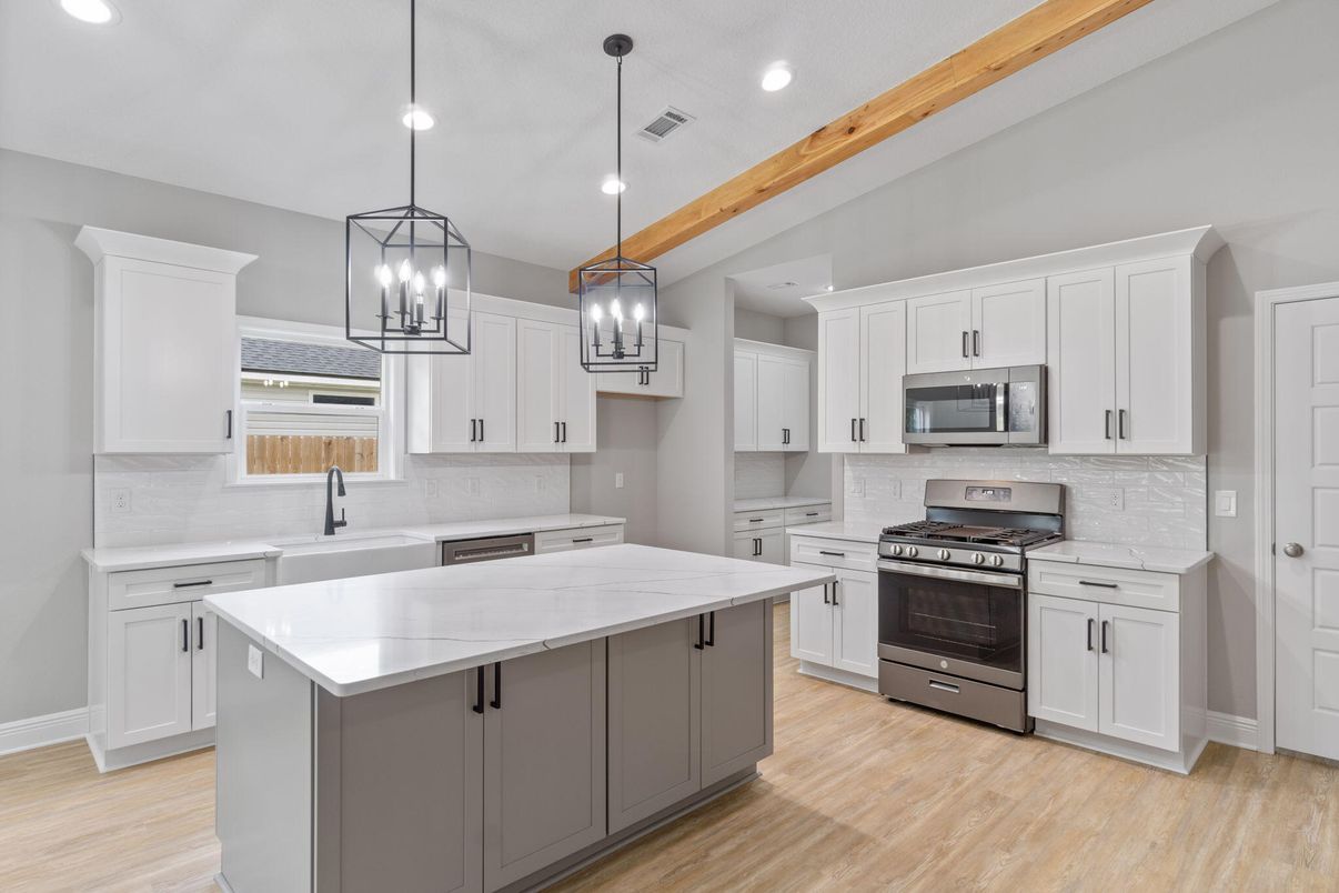 Interior, Kitchen, Pendant Lights, Recessed Lighting, Stainless Steel Appliances, Wooden Beams, Wood Texture Flooring