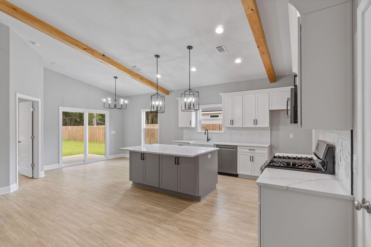 Chandelier, Interior, Kitchen, Pendant Lights, Recessed Lighting, Stainless Steel Appliances, Wooden Beams, Wood Texture Flooring