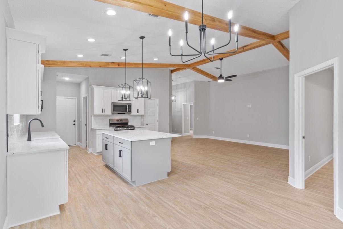Chandelier, Interior, Kitchen, Pendant Lights, Recessed Lighting, Stainless Steel Appliances, Wooden Beams, Wood Texture Flooring