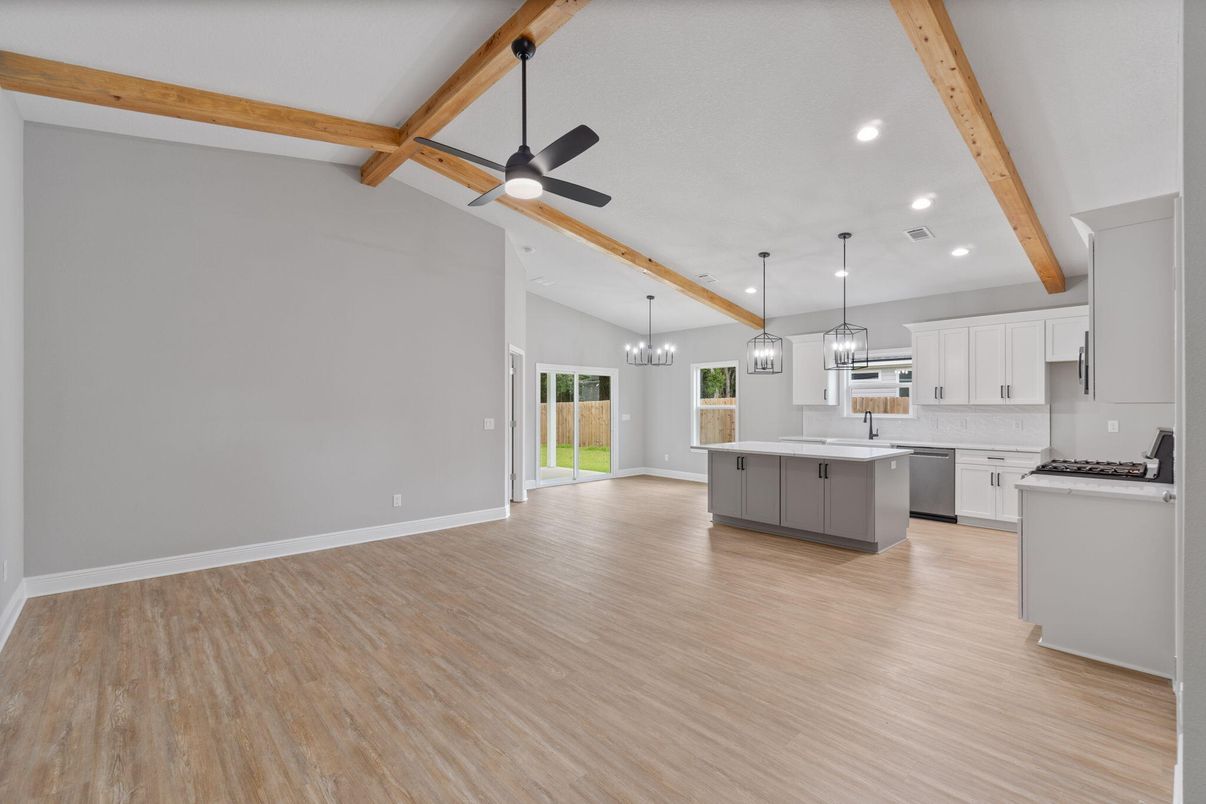 Chandelier, Interior, Kitchen, Pendant Lights, Recessed Lighting, Stainless Steel Appliances, Wooden Beams, Wood Texture Flooring