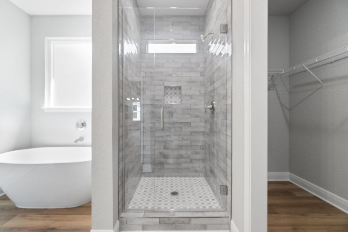 Bathroom, Free Standing Baths, Glass Shower, Interior, Recessed Lighting, Walk-in Closets, Wood Texture Flooring