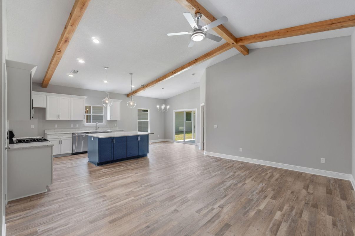 Chandelier, Empty room, Interior, Kitchen, Pendant Lights, Recessed Lighting, Stainless Steel Appliances, Wooden Beams, Wood Texture Flooring