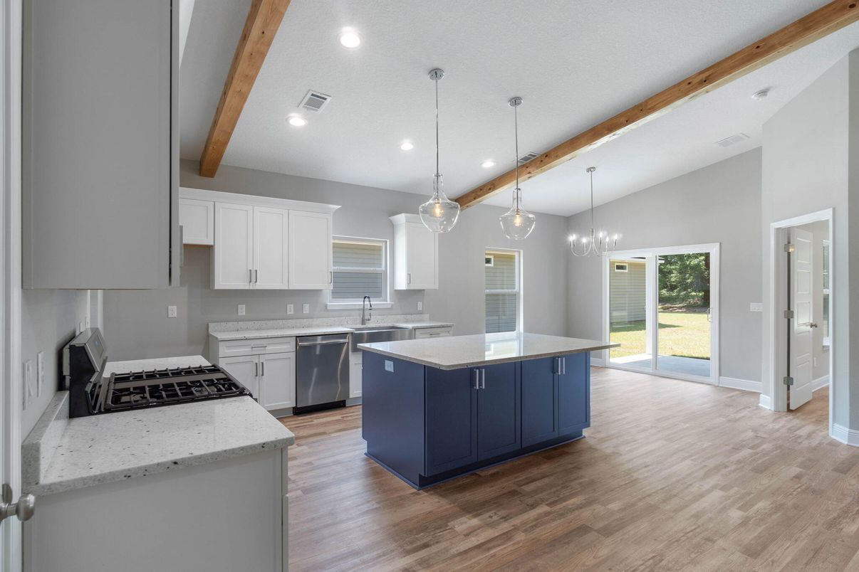 Interior, Kitchen, Pendant Lights, Recessed Lighting, Stainless Steel Appliances, Wooden Beams, Wood Texture Flooring
