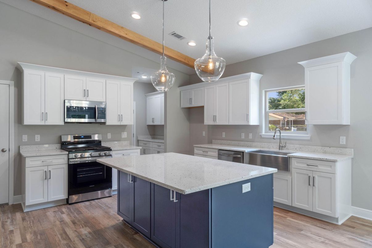 Interior, Kitchen, Pendant Lights, Recessed Lighting, Stainless Steel Appliances, Wooden Beams, Wood Texture Flooring