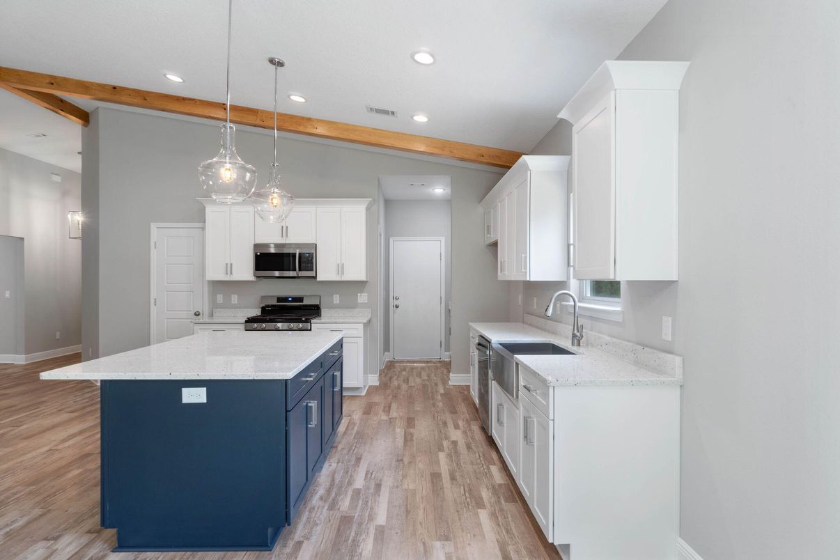 Interior, Kitchen, Pendant Lights, Recessed Lighting, Stainless Steel Appliances, Wooden Beams, Wood Texture Flooring