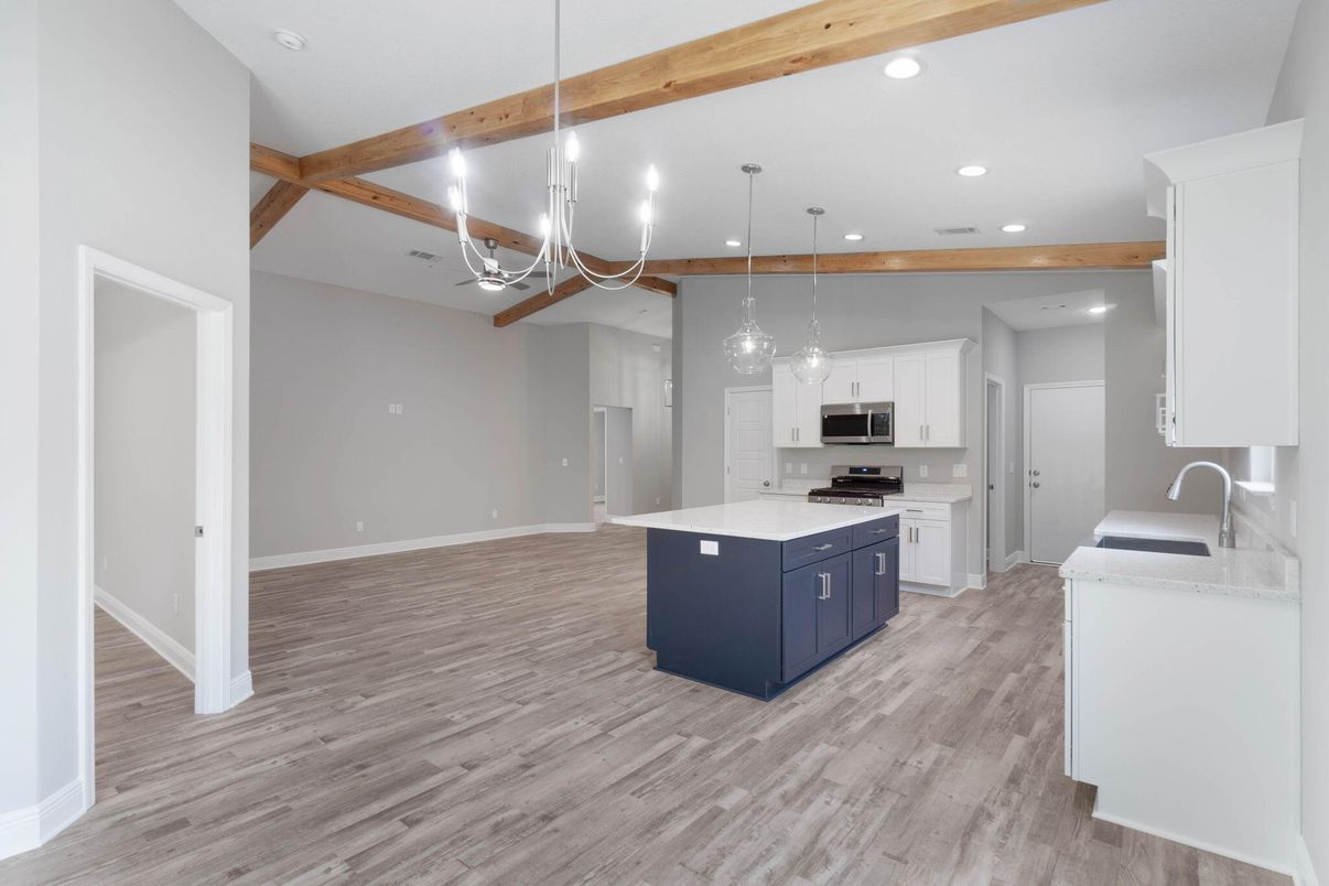 Interior, Kitchen, Pendant Lights, Recessed Lighting, Stainless Steel Appliances, Wooden Beams, Wood Texture Flooring