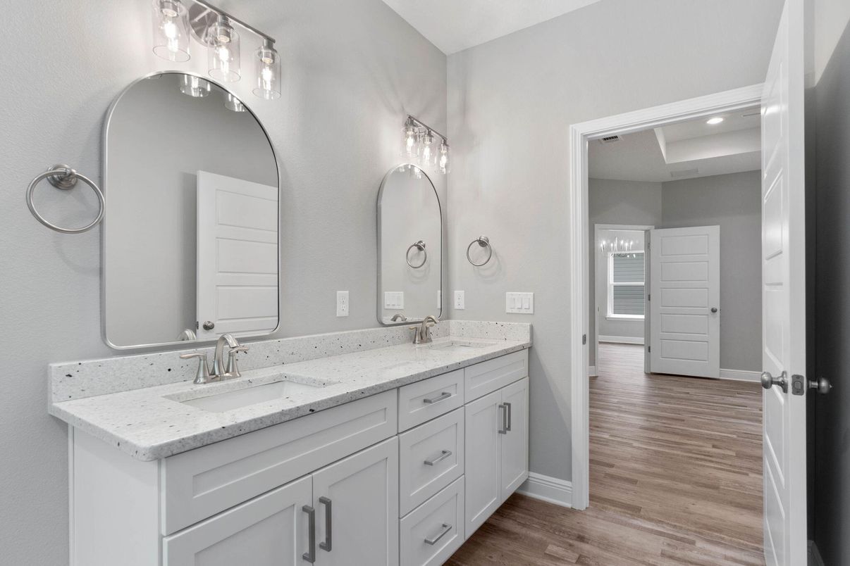 Bathroom, Dual Sink Vanities, Interior, Recessed Lighting, Wood Texture Flooring