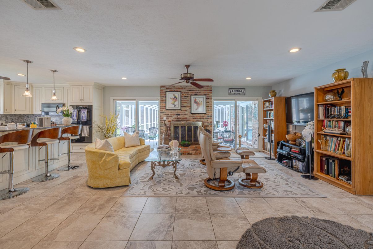 Fireplace, Interior, Kitchen, Living room, Pendant Lights, Recessed Lighting, Stone Walls