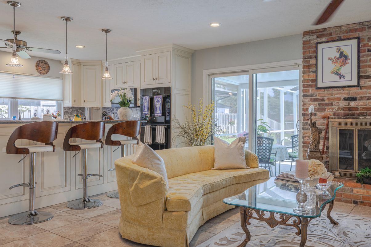 Fireplace, Interior, Kitchen, Living room, Pendant Lights, Recessed Lighting, Stone Walls