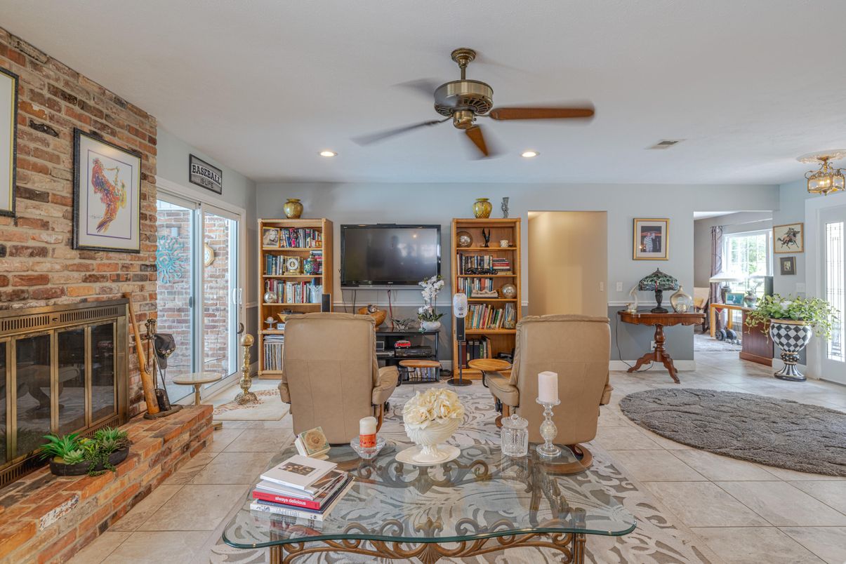 Dining room, Fireplace, Interior, Recessed Lighting, Stone Walls