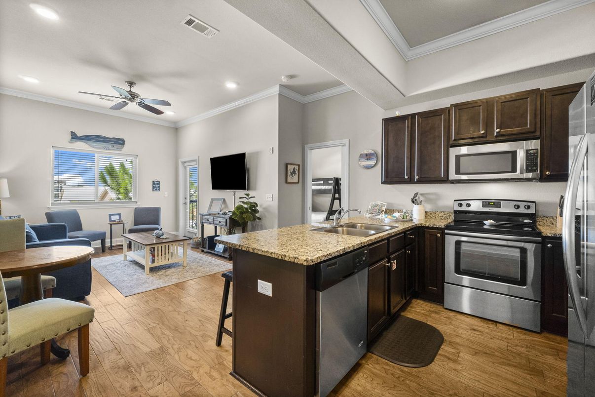 Interior, Kitchen, Living room, Recessed Lighting, Stainless Steel Appliances, Wood Texture Flooring