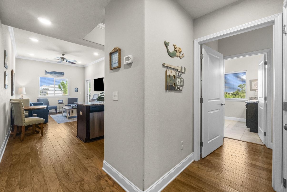 Dining room, Interior, Living room, Recessed Lighting, Wood Texture Flooring