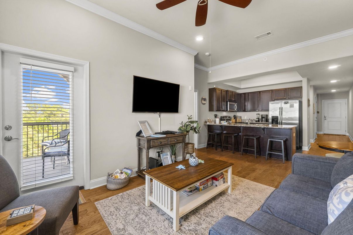 Interior, Kitchen, Living room, Recessed Lighting, Stainless Steel Appliances, Wood Texture Flooring