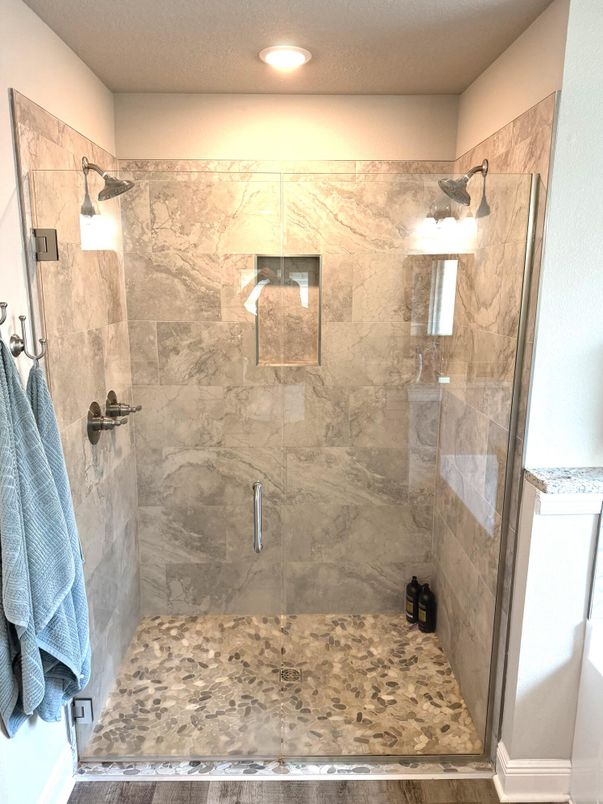 Bathroom, Glass Shower, Interior, Marble Walls, Recessed Lighting