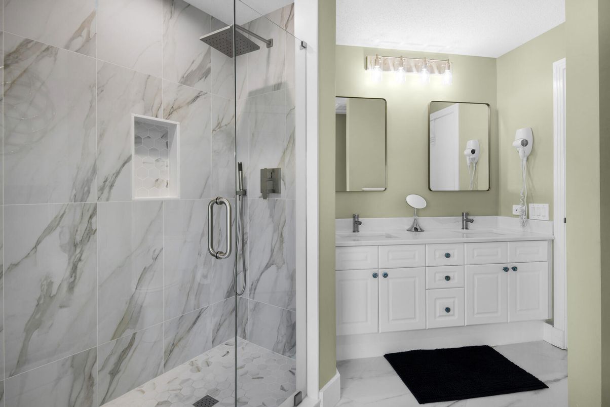 Bathroom, Dual Sink Vanities, Glass Shower, Interior, Marble, Marble Walls