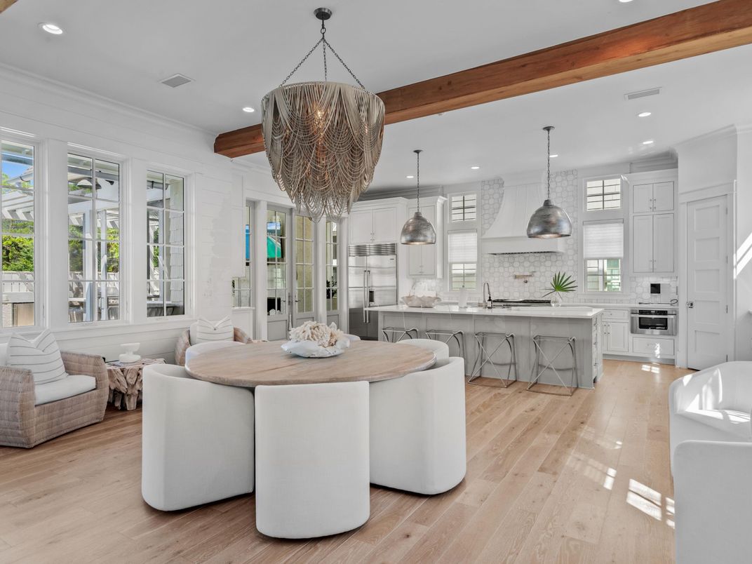 Interior, Kitchen, Living room, Pendant Lights, Recessed Lighting, Stainless Steel Appliances, Wooden Beams, Wood Texture Flooring