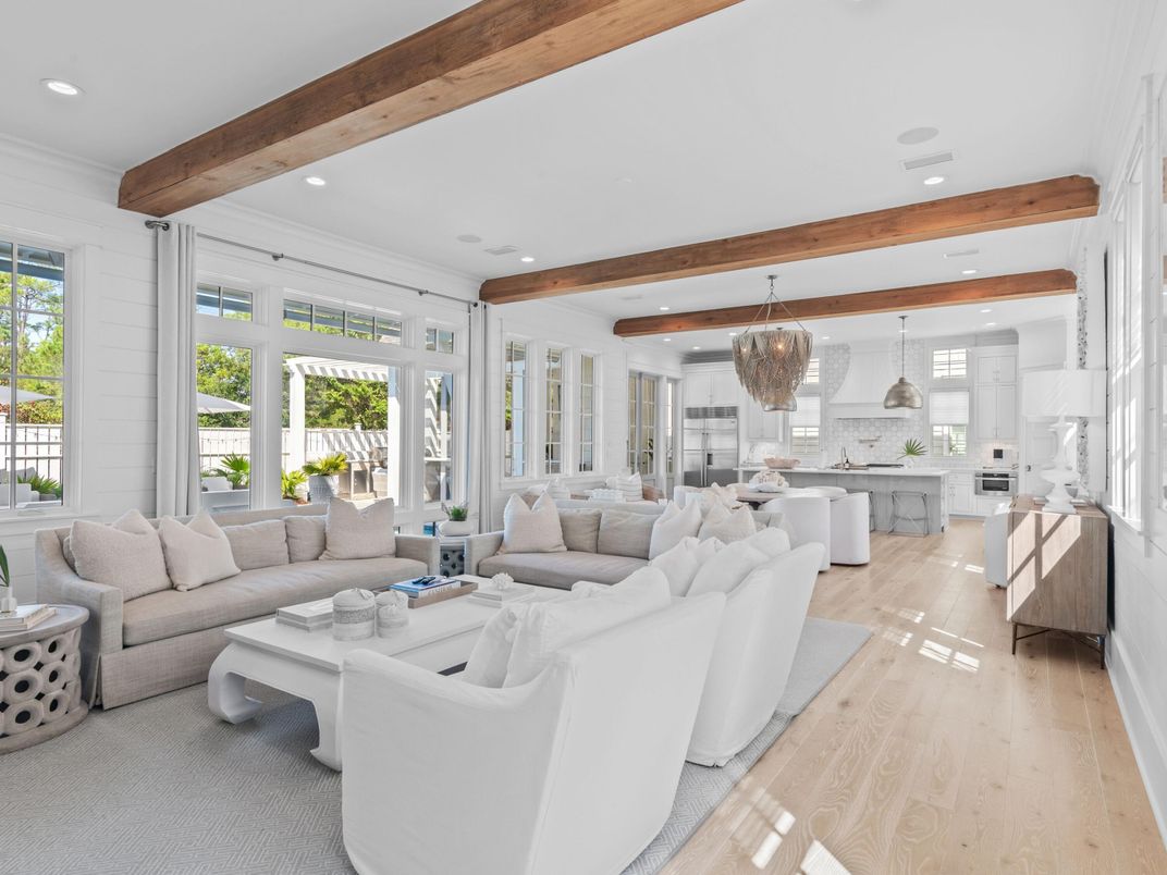 Interior, Kitchen, Living room, Pendant Lights, Recessed Lighting, Wooden Beams, Wood Texture Flooring