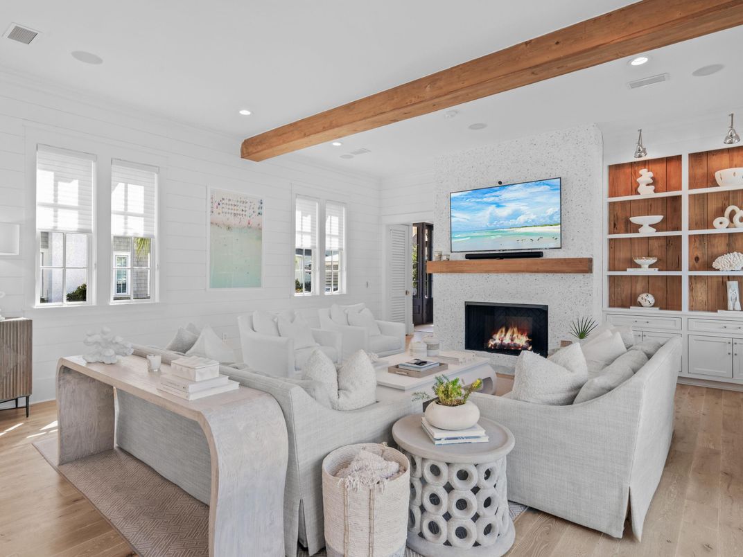 Fireplace, Interior, Living room, Recessed Lighting, Wooden Beams, Wood Texture Flooring