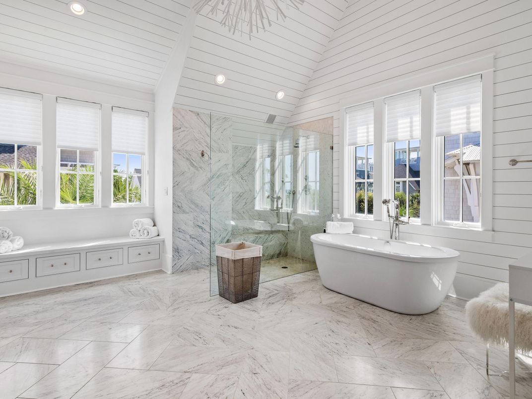 Bathroom, Free Standing Baths, Glass Shower, Interior, Marble, Marble Walls, Recessed Lighting