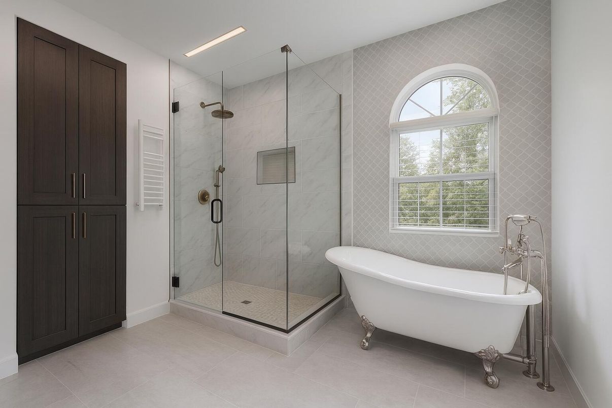 Bathroom, Free Standing Baths, Glass Shower, Interior, Marble Walls, Recessed Lighting