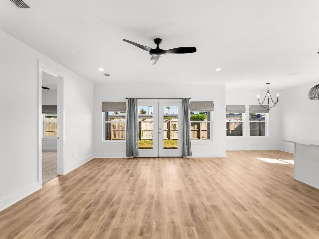 Chandelier, Empty room, Interior, Recessed Lighting, Wood Texture Flooring