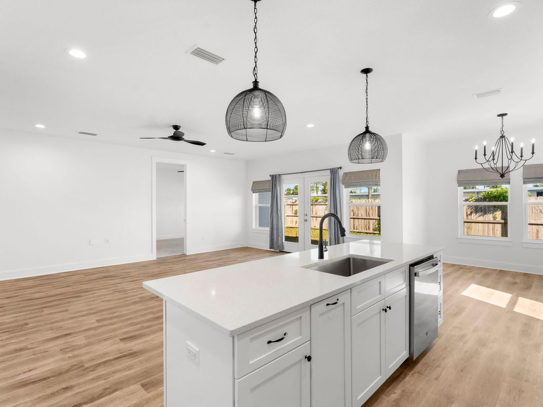 Chandelier, Interior, Kitchen, Pendant Lights, Recessed Lighting, Wood Texture Flooring