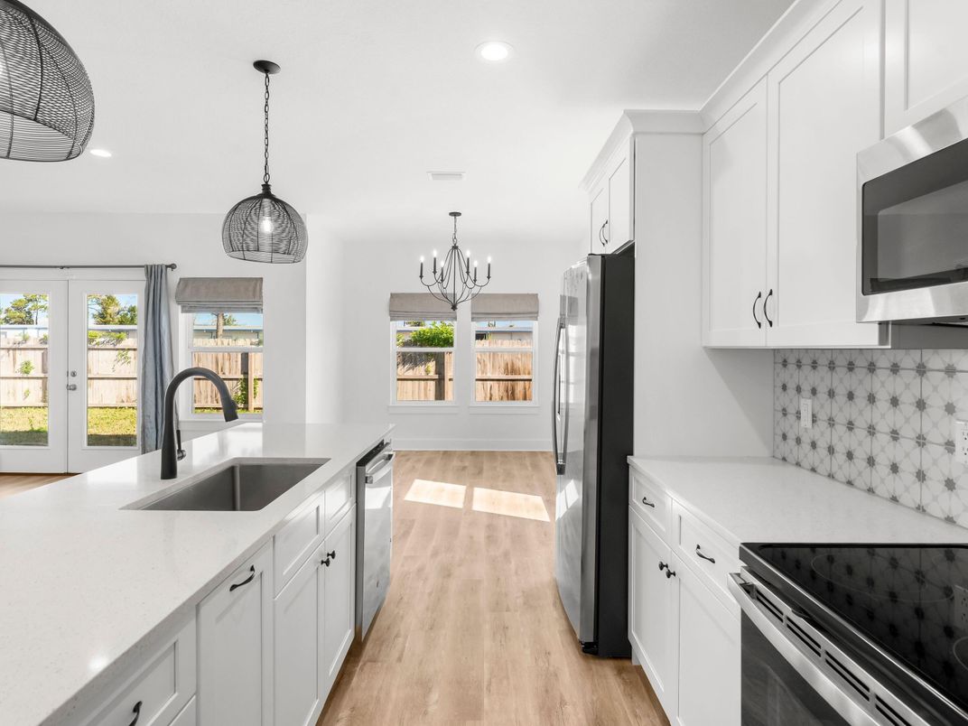 Chandelier, Interior, Kitchen, Pendant Lights, Recessed Lighting, Wood Texture Flooring