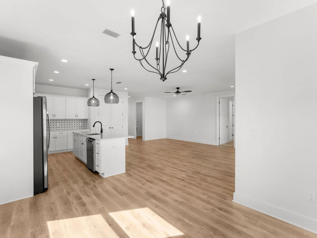 Chandelier, Interior, Kitchen, Recessed Lighting, Wood Texture Flooring