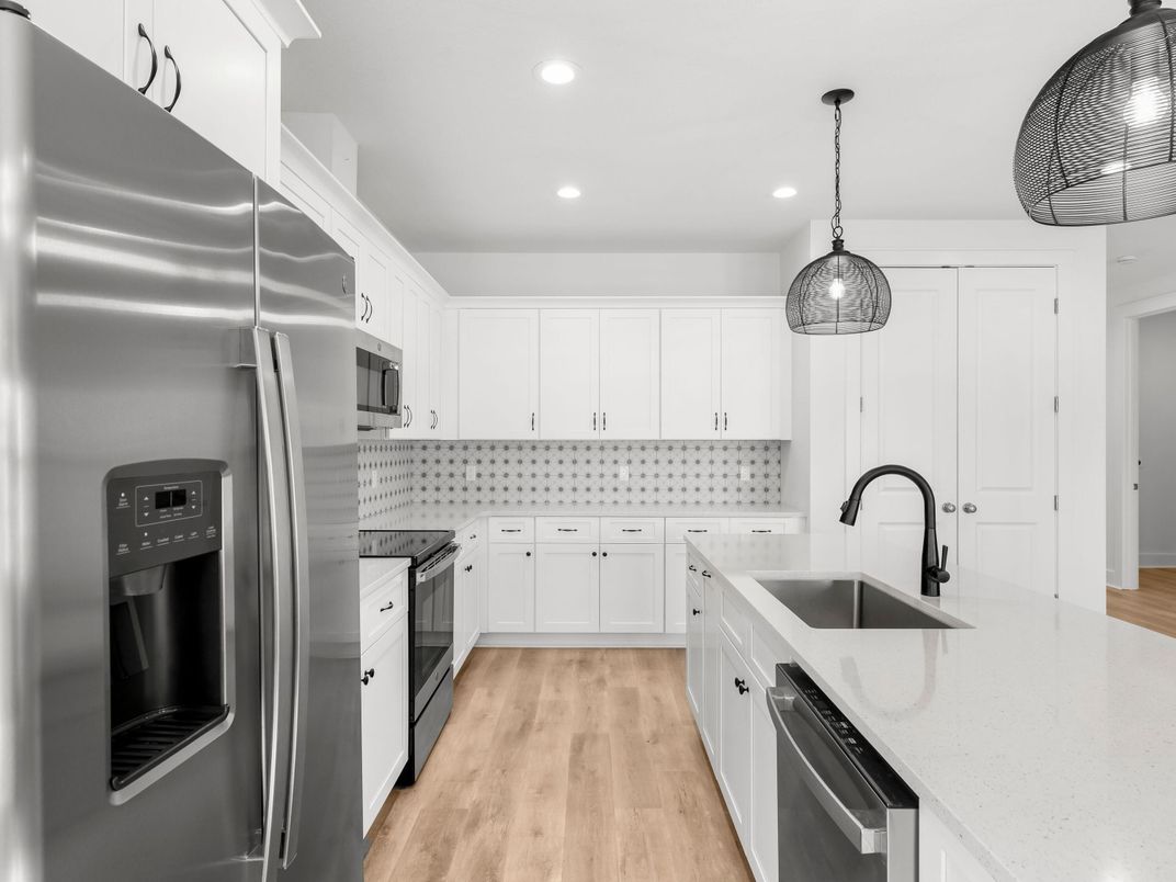 Interior, Kitchen, Pendant Lights, Recessed Lighting, Stainless Steel Appliances, Wood Texture Flooring