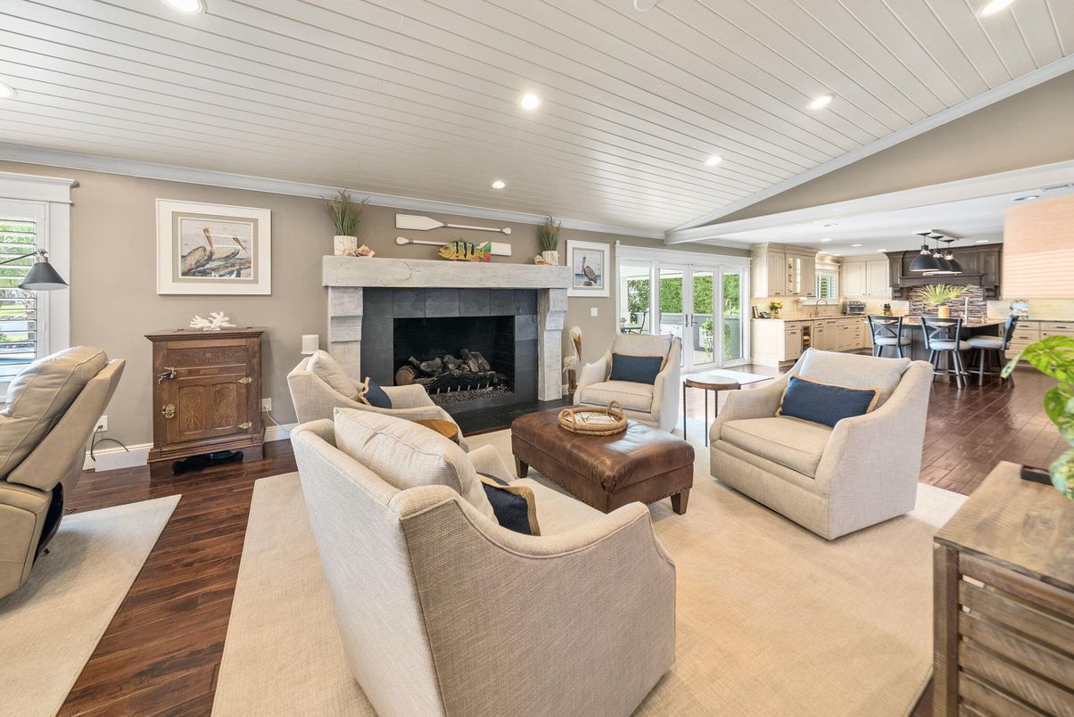 Dining room, Fireplace, Interior, Kitchen, Living room, Pendant Lights, Recessed Lighting, Wood Texture Flooring