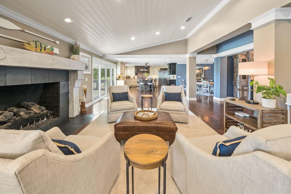Dining room, Fireplace, Interior, Kitchen, Living room, Pendant Lights, Recessed Lighting, Wood Texture Flooring