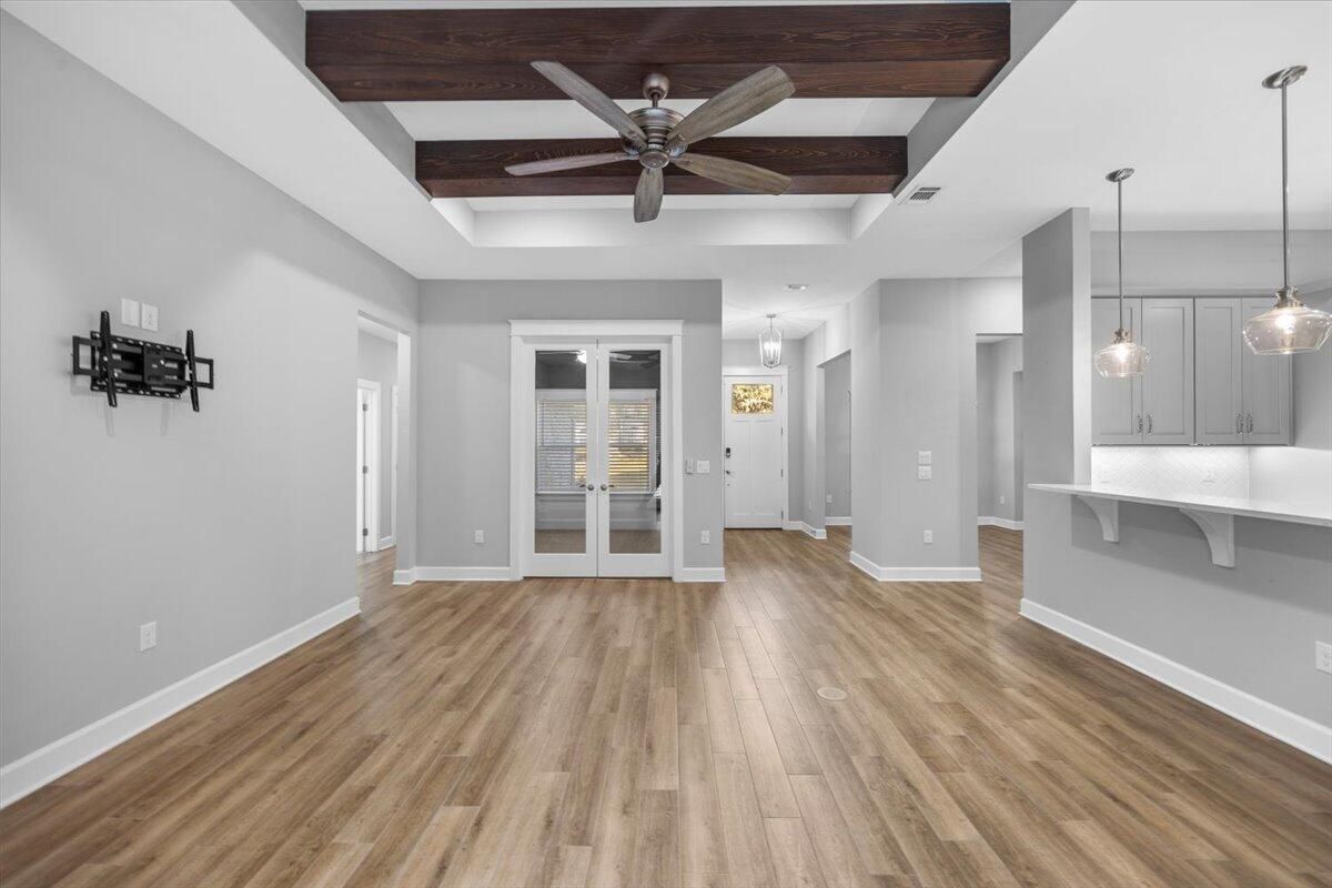 Empty room, Interior, Pendant Lights, Wooden Beams, Wood Texture Flooring